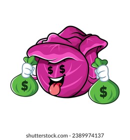 vector cartoon, character, and mascot of a red cabbage holding money bag.