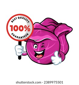 vector cartoon, character, and mascot of a red cabbage holding guaranteed signboard.