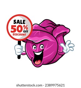 vector cartoon, character, and mascot of a red cabbage holding discount signboard.