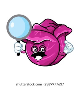 vector cartoon, character, and mascot of a red cabbage holding loupe.