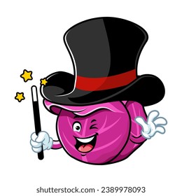vector cartoon, character, and mascot of a red cabbage wearing magician costume.