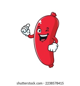 vector cartoon, character, and mascot of a sausage with thumbs up hand.