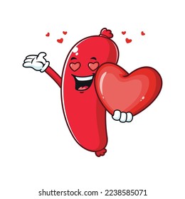 vector cartoon, character, and mascot of a sausage holding heart in love.