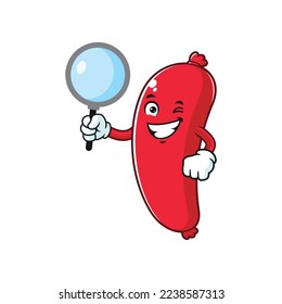 vector cartoon, character, and mascot of a sausage holding a loupe.