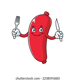 vector cartoon, character, and mascot of a sausage holding knife and fork.
