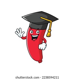 vector cartoon, character, and mascot of a sausage wearing graduation hat.