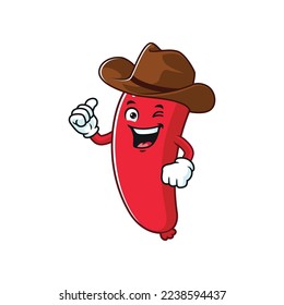 vector cartoon, character, and mascot of a sausage wearing cowboy hat.