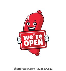 vector cartoon, character, and mascot of a sausage holding OPEN signboard.