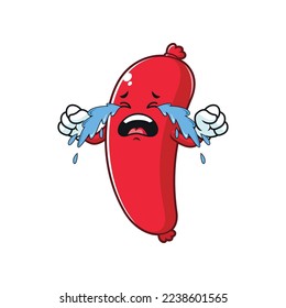 vector cartoon, character, and mascot of a sausage with crying face.