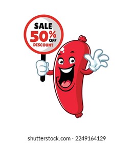 vector cartoon, character, and mascot of a sausage holding discount signboard.