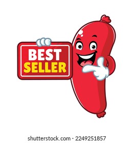 vector cartoon, character, and mascot of a sausage holding best seller signboard.