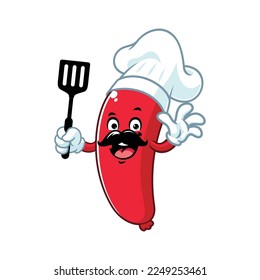 vector cartoon  character    mascot sausage holding spatula 