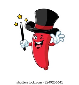 vector cartoon, character, and mascot of a sausage wearing magician hat.