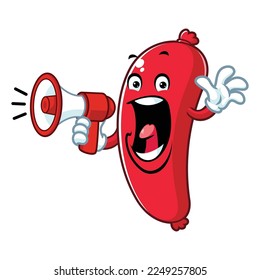 vector cartoon, character, and mascot of a sausage holding megaphone.