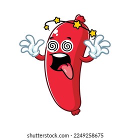 vector cartoon, character, and mascot of a sausage with dizzying face.