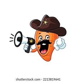 dibujos animados vectoriales, personaje y mascota de una zanahoria sheriff sosteniendo megáfono.