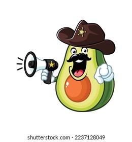 vector cartoon, character, and mascot of a sheriff avocado holding megaphone.