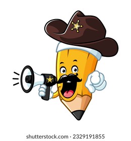 vector cartoon, character, and mascot of a sheriff pencil holding megaphone.