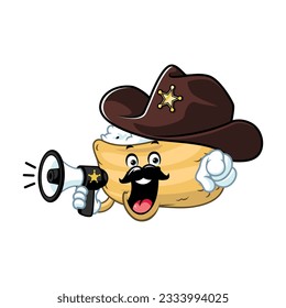 vector cartoon, character, and mascot of a sheriff inari sushi holding megaphone.