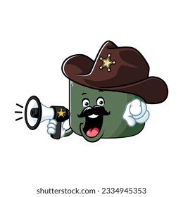dibujos animados vectoriales, personajes y mascota de un sheriff norimaki sushi con megáfono.