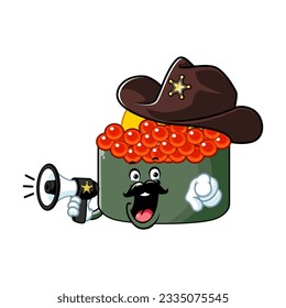 vector cartoon, character, and mascot of a sheriff tobiko quail egg sushi holding megaphone.