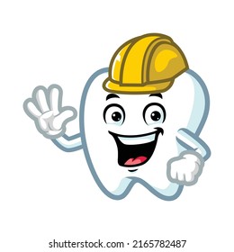 dibujos animados vectoriales, personajes y mascota de un diente usando casco de constructor de construcción.