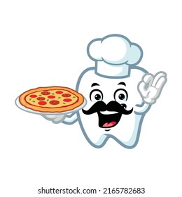 vector cartoon, character, and mascot of a teeth holding pizza.