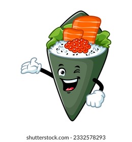 vector cartoon, character, and mascot of a temaki sushi with welcome pose.