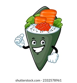vector cartoon, character, and mascot of a temaki sushi with thumbs up hand.