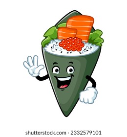 caricatura vectorial, personaje y mascota de un sushi temaki con mano ondulada.