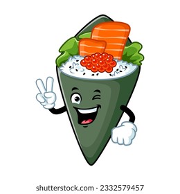vector cartoon, character, and mascot of a temaki sushi with two finger.