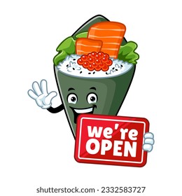 vector cartoon, character, and mascot of a temaki sushi holding open signboard.