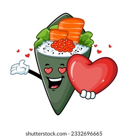 vector cartoon, character, and mascot of a temaki sushi holding heart in love.