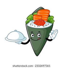 vector cartoon, character, and mascot of a temaki sushi holding tray catering.
