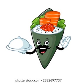 vector cartoon, character, and mascot of a temaki sushi moustache holding tray catering.