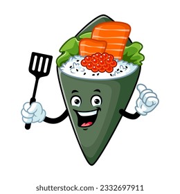 vector cartoon, character, and mascot of a temaki sushi holding spatula.