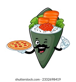 vector cartoon, character, and mascot of a temaki sushi moustache holding pizza.