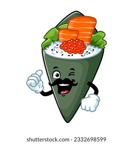 vector cartoon, character, and mascot of a temaki sushi moustache with thumbs up hand.