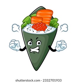 vector cartoon, character, and mascot of a temaki sushi with angry expression face.