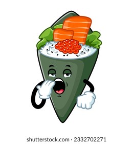 vector cartoon, character, and mascot of a temaki sushi with yawning expression face.