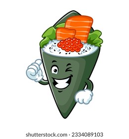 Vektorgrafik, Charakter und Maskottchen eines Tempaki-Sushis mit Daumen in der Hand.