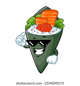 vector cartoon, character, and mascot of a temaki sushi with thug life style.