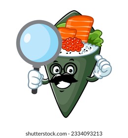 dibujos animados vectoriales, personajes y mascota de un sushi temaki sosteniendo una lupa.