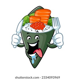 vector cartoon, character, and mascot of a temaki sushi holding knife and fork.