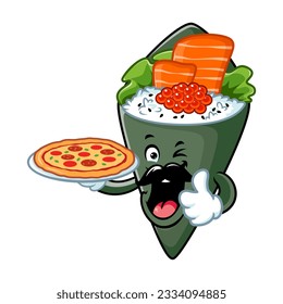 vector cartoon, character, and mascot of a temaki sushi holding pizza.