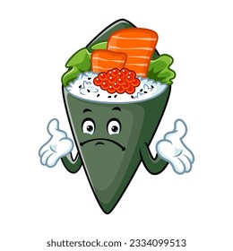 vector cartoon, character, and mascot of a temaki sushi with i do not know expression face.