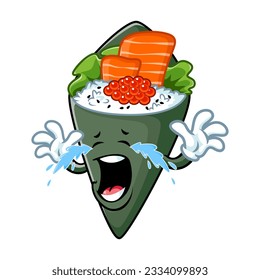 caricatura vectorial, personaje y mascota de un sushi temaki con cara de expresión de grito.