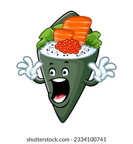 caricatura vectorial, personaje y mascota de un sushi temaki con una expresión sorprendente.