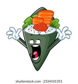 vector cartoon, character, and mascot of a temaki sushi with shocked expression face.