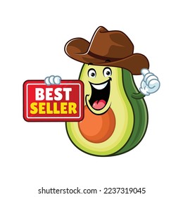 vector cartoon, character, and mascot of a texas avocado holding best seller signboard.